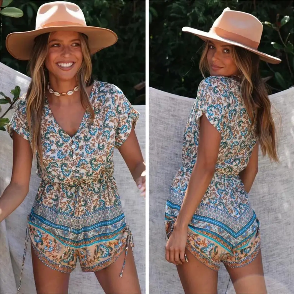 

Jastie Hippie Floral Printed Women Playsuits Beach Casual Rompers 2020 Summer Boho Playsuit V Neck Short Sleeve Vintage Jumpsuit