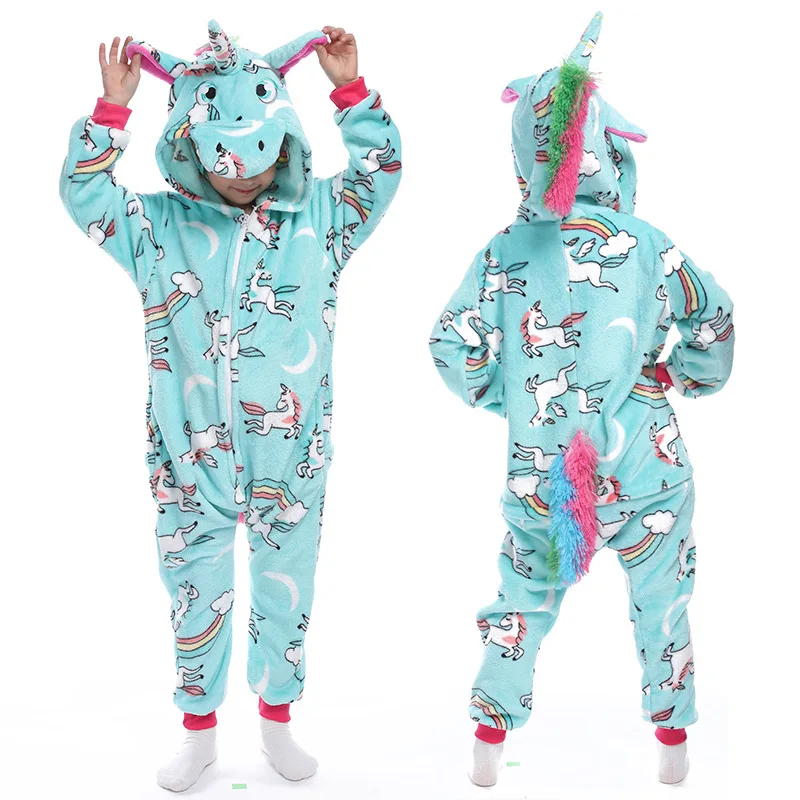 Pijamas de una con capucha para niña, mono de unicornio azul, disfraz de Animal Kigurumi, de invierno|Pelele entero| - AliExpress