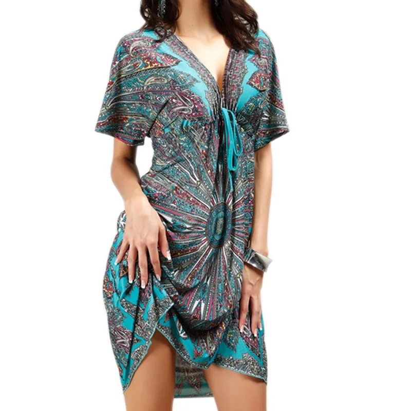 Модное женское богемное платье с v-образным вырезом и цветочным принтом в