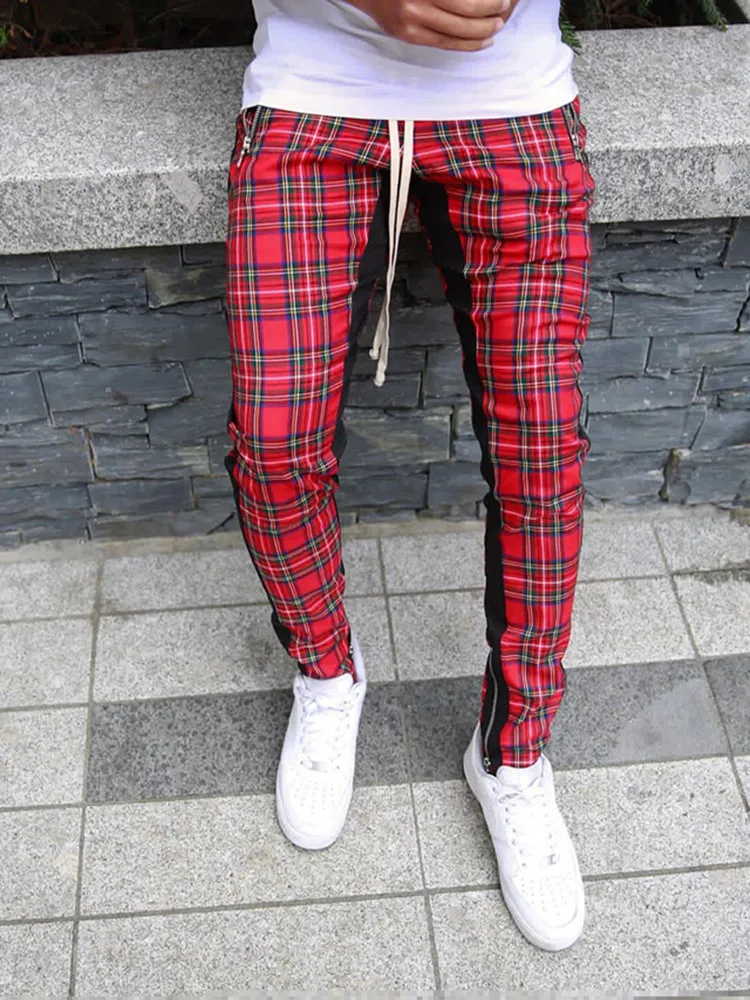 High Quality Men's  Korean Version Checked Fashion Patchwork Color Matching Small Legs Trouser Slim Casual Sports Pencil Pants