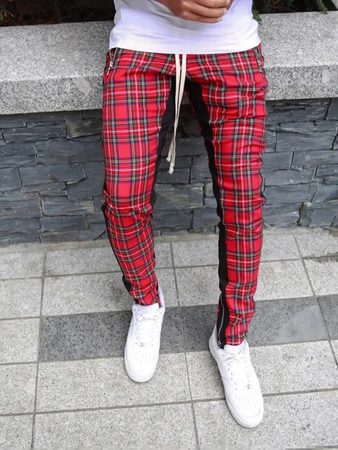 High Quality Men's  Korean Version Checked Fashion Patchwork Color Matching Small Legs Trouser Slim Casual Sports Pencil Pants 3