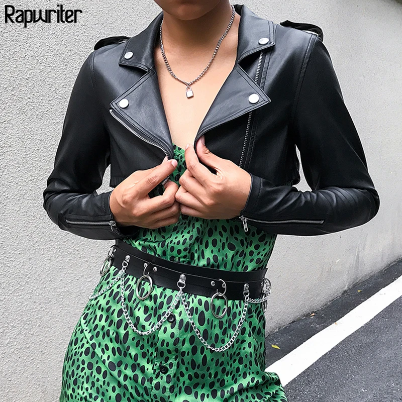 

Rapwriter Fashion Autumn Short Faux Leather Black Jacket Women Tilt Zipper Motorcycle PU Leather Jacket Ladies Basic Street Coat