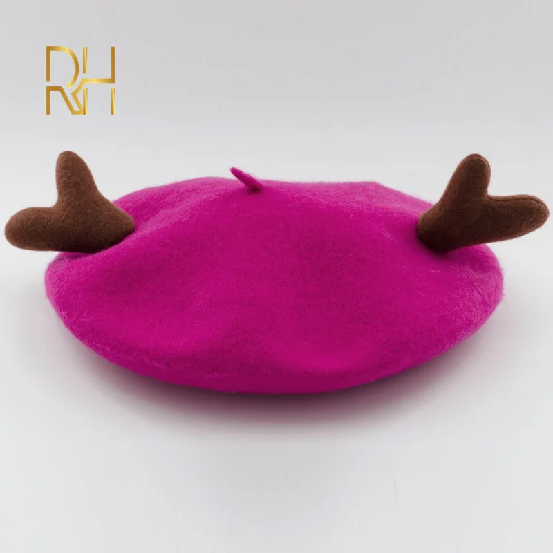 fuchsia Новая зимняя теплая однотонная шерстяная шапка, береты с рогами, рождественские подарки для мужчин и женщин, милые шапки, 13 цветов, Женская французская шапка RH - Цвет: fuchsia