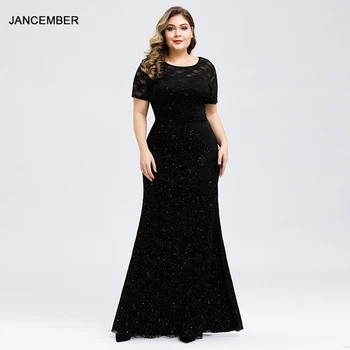 

JANCEMBER EP00836BK Large Size Lace Chiffon Round Neck Elegant Long Sleeve Evening Dress платье выпускное