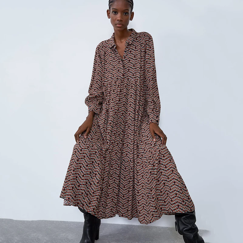 

New ZA Print Long Draped Dress Women Long Sleeve Turn-Down Collar Elegant Charm Temperament Spring Autumn Dress Wholesale