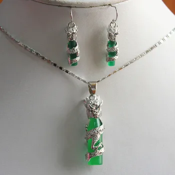 

wholesale/retail jewelry green natural jade cylinder+silver plated pendant & earring set with chain