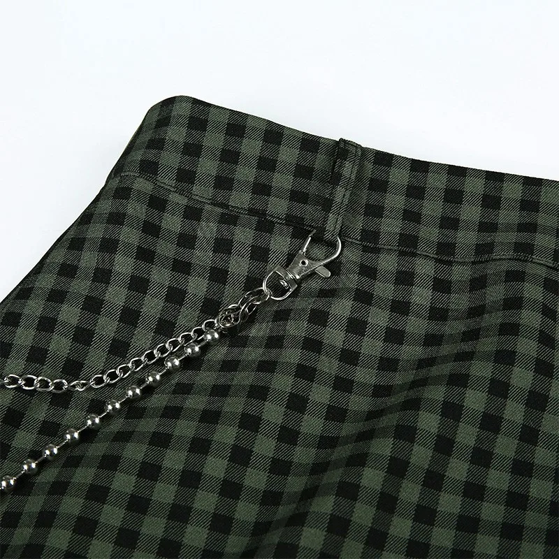 Women's Sexy Plaid Print Mini Skirt with Key Chain Female Casual High Waist Splits Bodycon Skirts Faldas Jupes Autumn SK442