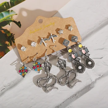 

Bohemian Style 6-Piece Set Mexico India Unique Silver Color Alloy Pendant Cobra Shape Geometric Pattern Earring 2020 Thai Jewely