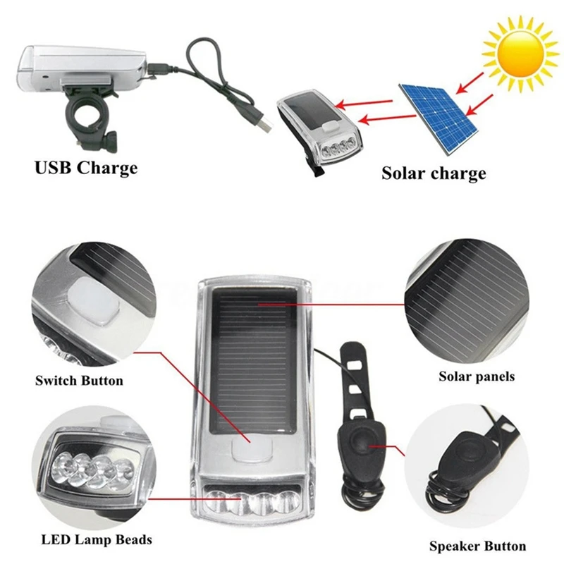 Solar Bicycle Headlights with Horn Bicycle Solar Taillights Usb Charging Led Lights