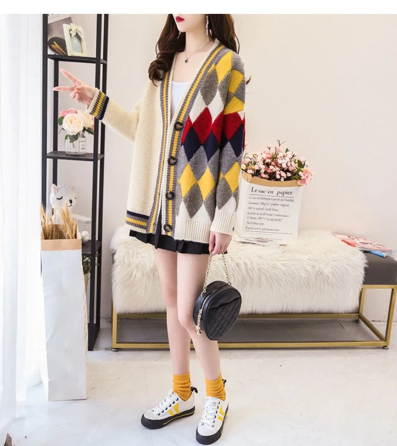 NiceMix Autumn New Single Breasted Patchwork Women Sweater Korean V Neck Geometric Pattern Cardigans Female Knitwear