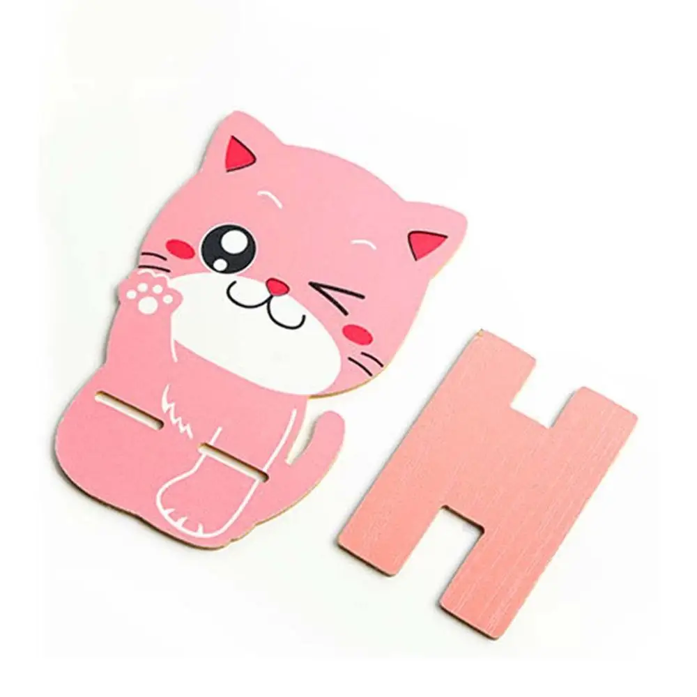 Милый держатель для мобильного телефона с рисунком кота, деревянный переносной держатель для мобильного телефона, настольный сотовый телефон, подставка - Цвет: Розовый
