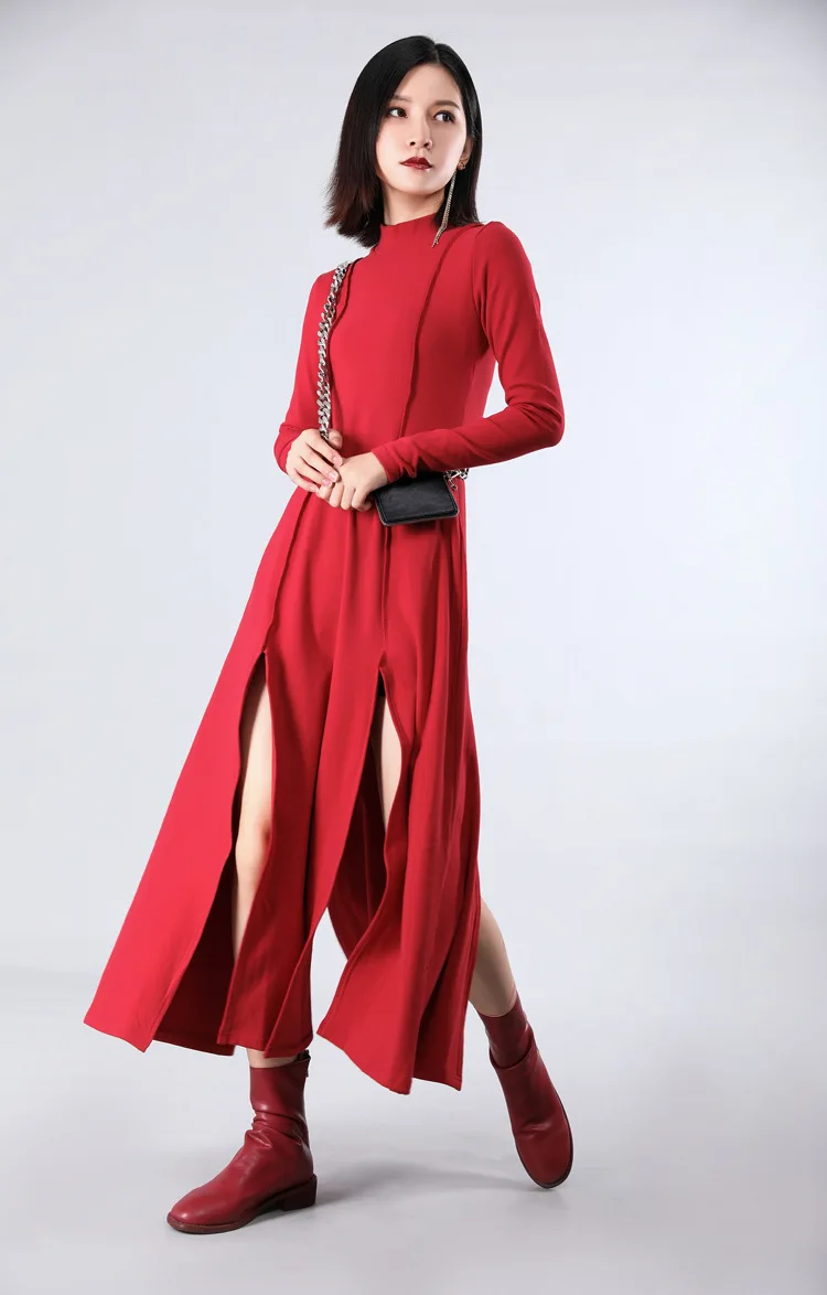 [EAM] Women Dress New Stand Neck Long Sleeve Loose Fit Split Joint Spliced Sheath Temperament Fashion Spring Autumn JZ343