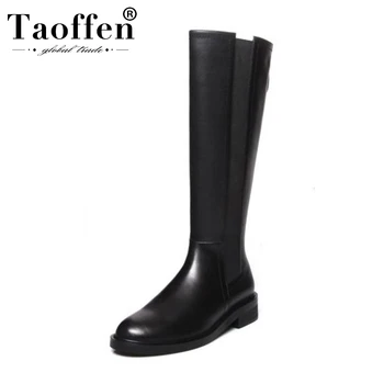 

Taoffen 2020 Women Flats Knee High Boots Real Leather Office Work Retro Winter Boots Round Toe Zipper Footwear Size 33-44
