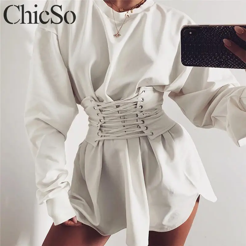 MissyChilli осеннее белое платье-рубашка на шнуровке, женское элегантное сексуальное модное платье с длинным рукавом, осенне-зимнее женское праздничное платье festa