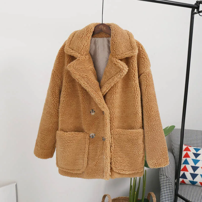 camel fur coat Classic Turn-down Collar Solid Faux Fur Jacket Coat Women Winter Warm Thicken Fake Lamb Overcoats Basic Soft Plush Overwear - Цвет: camel fur coat