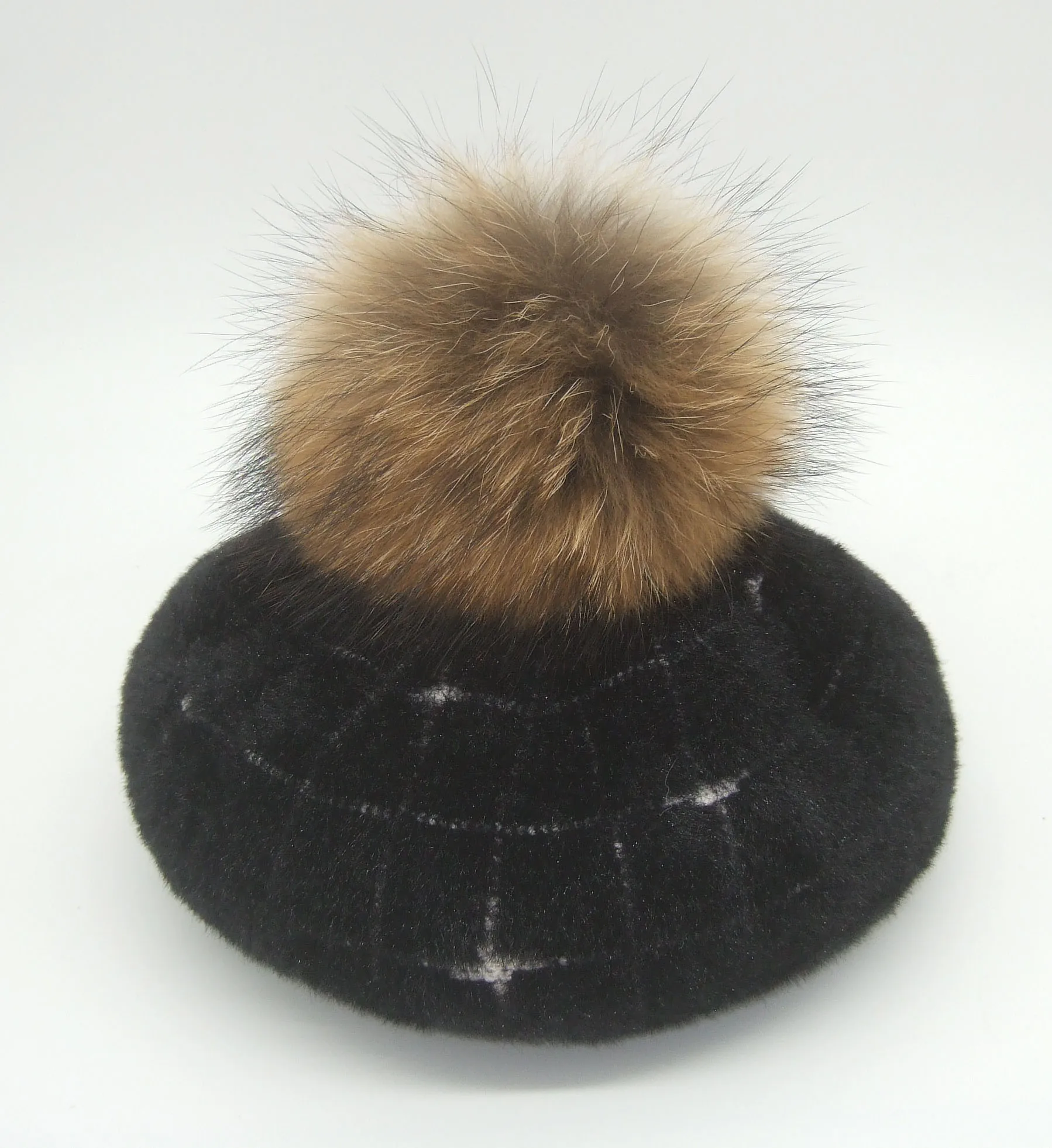 natural pompom Модные женские береты с помпоном, зимние женские повседневные теплые шапки из меха енота 14 см, кашемировые шерстяные береты - Цвет: natural pompom