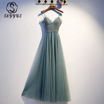 

Skyyue K356 Evening Gown 2020 Sleeveless Floor-Length Sequined Formal Robe De Soiree Sling V-Neck Beading Crepe Evening Dress
