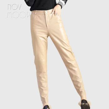 

Novmoop office lady casual style apricot color high waist sheepskin genuine leather pencil pants calça feminina spodnie LT2996
