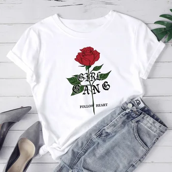 

2020 summer rose print top new casual cotton ladies plus size t-shirt black