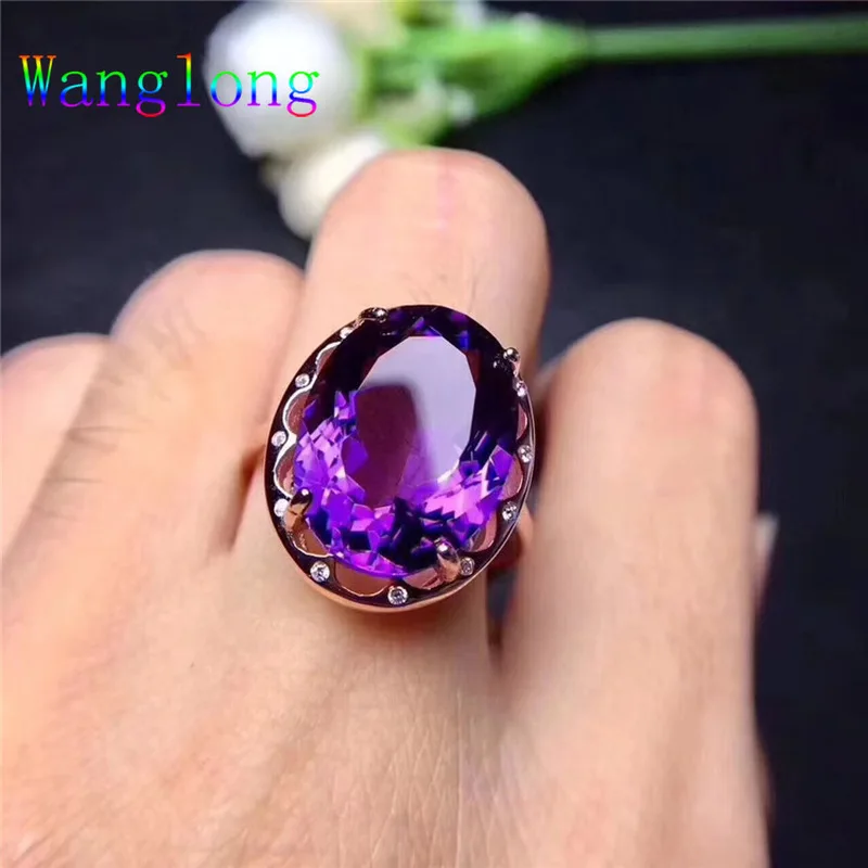 Wanglong 925 пробы Серебряное кольцо с большим драгоценным камнем Аметист стиль изменяемый Размер 12*16 мм для женщин Цвет ювелирные изделия