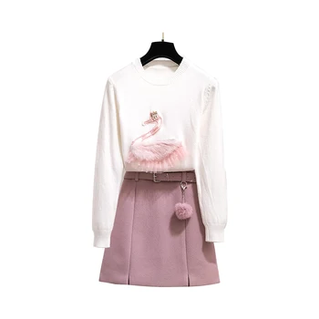 

New Autumn 2019 Korean Fashion Pullover Swan Sweater Celebrity Woolen Bust Skirt Suit Two-Piece Clothing Set Woman Sweet