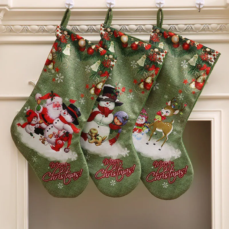 Большие Рождественские Чулки Подарки ткань с Санта-Клаусом и оленем носки Рождественский милый мешок для подарков дети камин Дерево Подвесные рождественские украшения