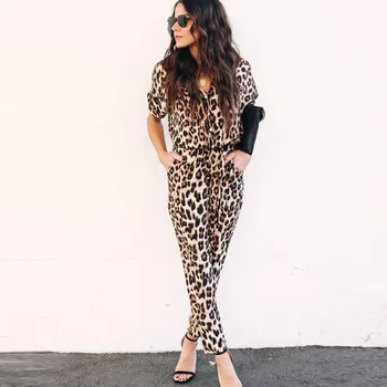 

leopard jumpsuit women rompers spring v neck romper short sleeve overalls one piece casual long jumpsuits streetwear elegant