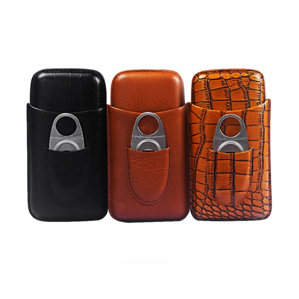 

Cigar Leather Case Creative 3 Pack Cigar Moisturizing Case with Cigar Scissors Travel Leather Humidor Box