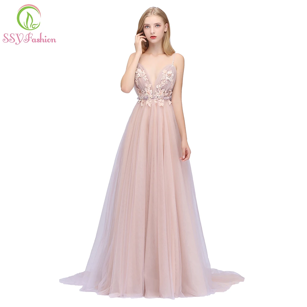 

SSYFashion New Sexy Pink Evening Dress V-neck Sleeveless Flower Appliques Sweep Train Backless Prom Party Gowns Robe De Soiree