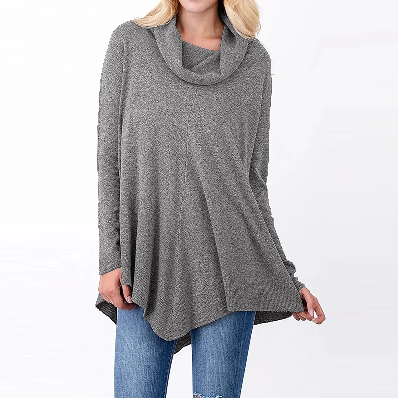ZANZEA, женская блуза с длинным рукавом, Женская Повседневная однотонная водолазка, рубашка, осень, ассиметричные пуловеры с подолом, топы, блузы, сорочка - Цвет: Серый