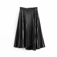 Black Faux Leather Pleated Skirt Streetwear Asymmetrical Midi Shirt With Belt Autumn Winter Vintage Elegant Office Skirt