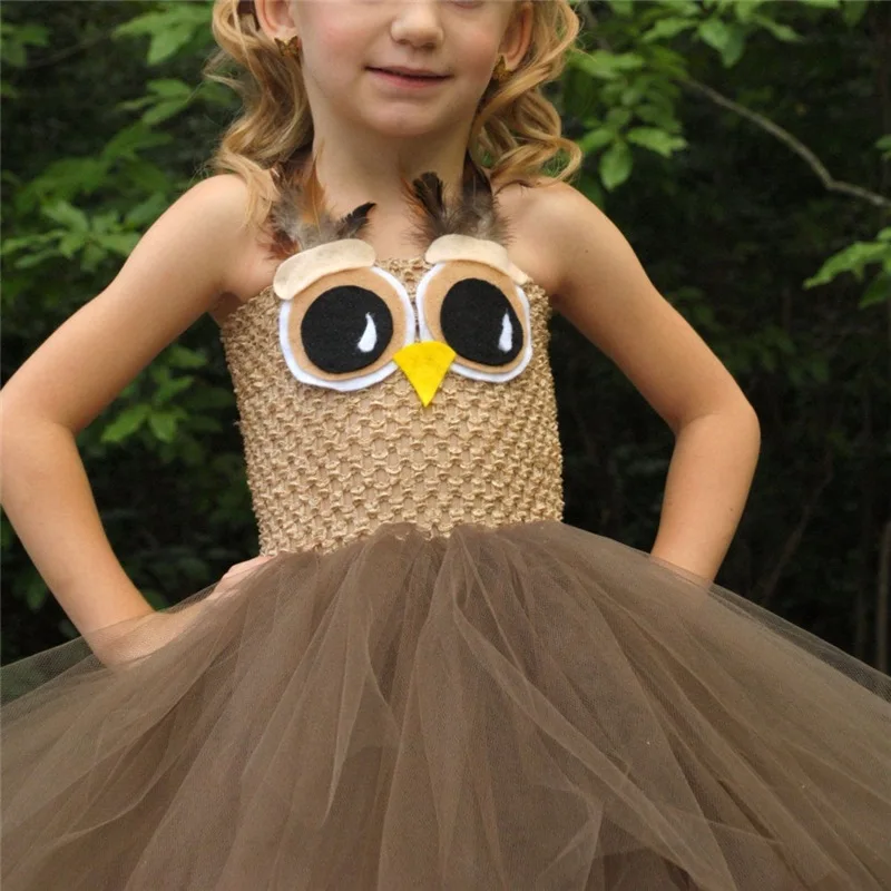 Cute Girls Coffee Owl Animal Feather Tutu Dress Kids Crochet Tulle Cartoon Dress Children Cosplay Party Banquet Costume Dresses