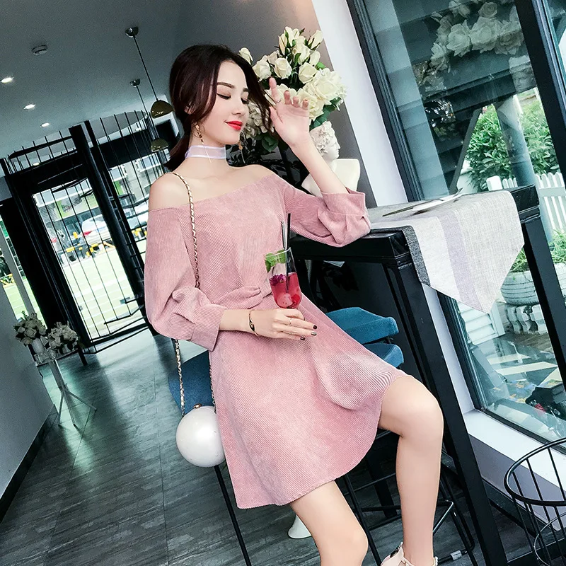 

2018 Summer Wear New Style Korean-style off-Shoulder Lantern Sleeve Waist Hugging A- line Dress