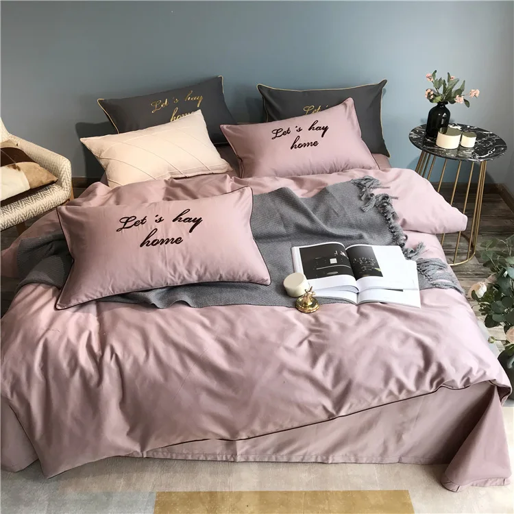 

ANNAs Good Stuff Bedding Set Pure Cotton Concise Letter Embroidery Bedding Article Thicken Warm Winter Quilt Cover Pink Bedsheet