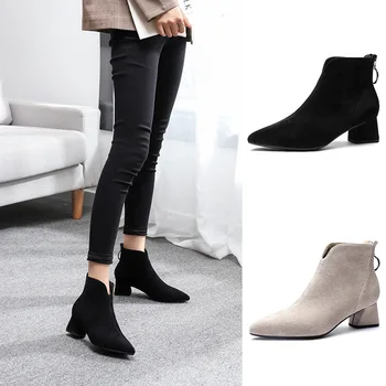 

2019 autumn new high-heeled boots women fashion simple solid color suede comfortable thick heel pointed toe casual boots
