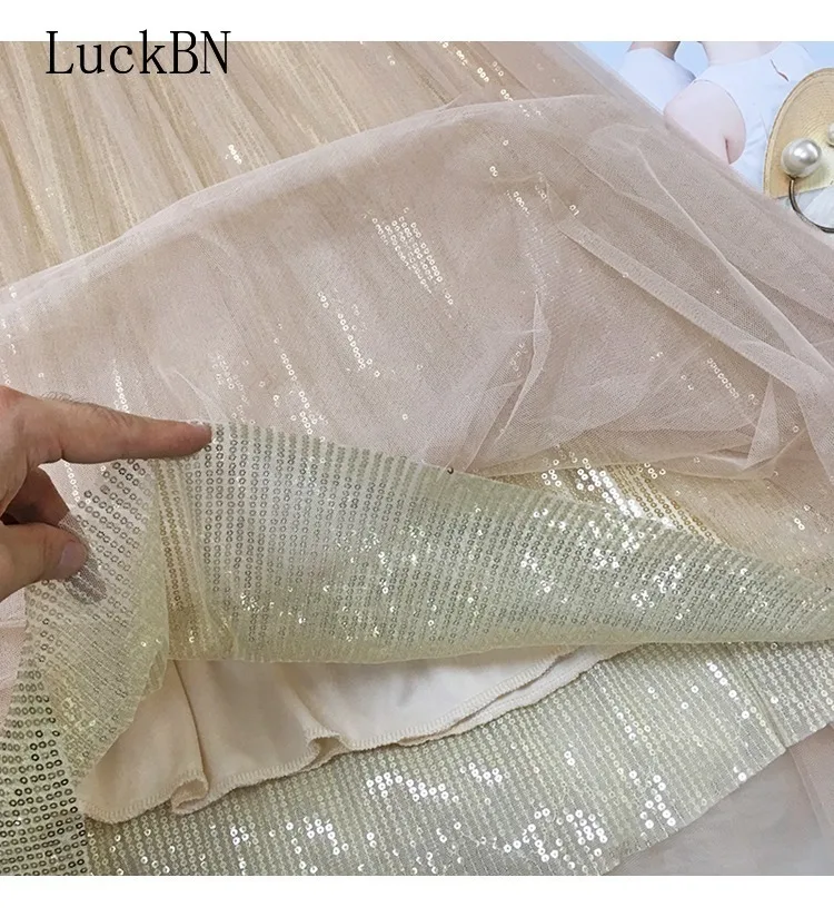 LuckBN весенне-летние юбки женские корейские длинные тюлевые юбки с блестками плиссированные трапециевидные юбки средней длины шикарная Осенняя Женская юбка с высокой талией