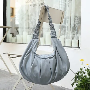 

Simple retro dumpling bag small fresh literary solid color handbag casual wild canvas ruched fold shoulder bag