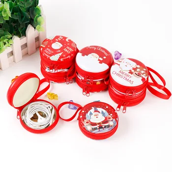 

1pcs Christmas Tinplate Handbag Portable Foldable Small Purse Mini Storage Bag Coin Pouch Christmas Double Zippers Round Case