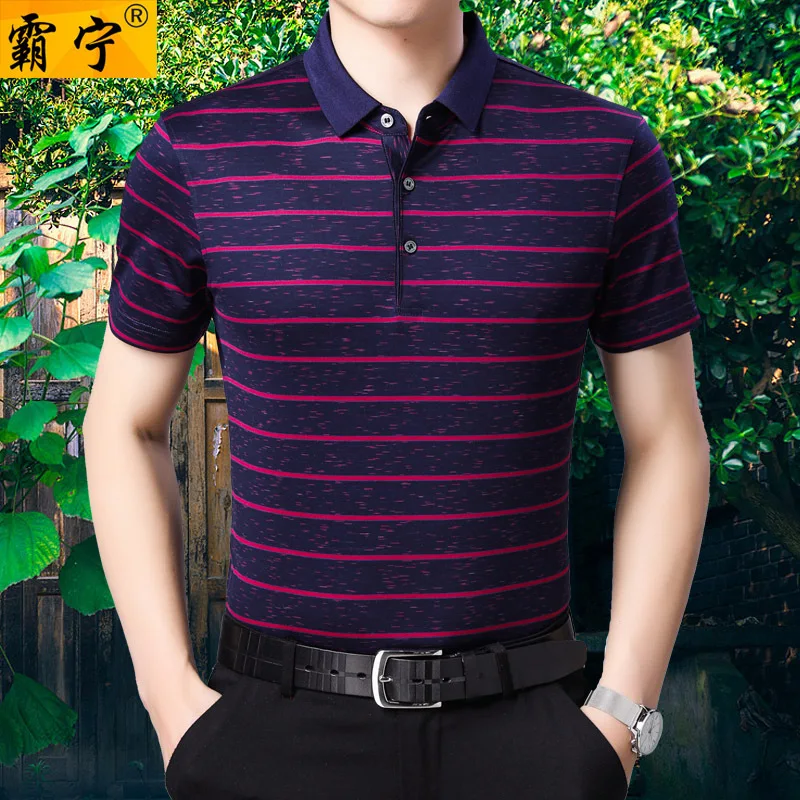 

2019 Summer New Products Middle-aged Men's Fold-down Collar Stripes Mulberry Silk Short Sleeve T-shirt Loose Thin Casual No Iron