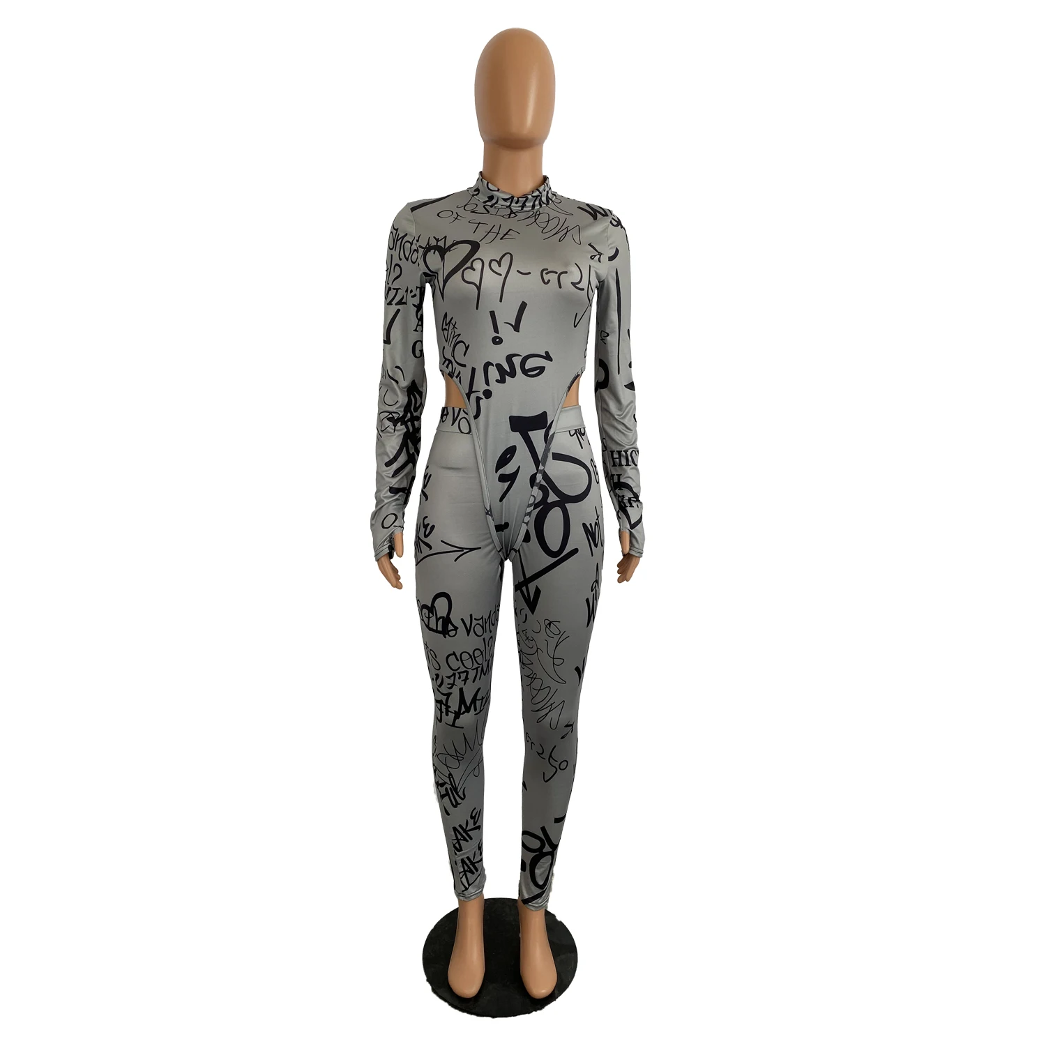 Зимний женский комплект, полный рукав, с буквенным принтом, спортивный костюм, боди+ штаны, костюм, комплект из двух предметов, для ночного клуба, вечерние, бандажные наряды GL1205