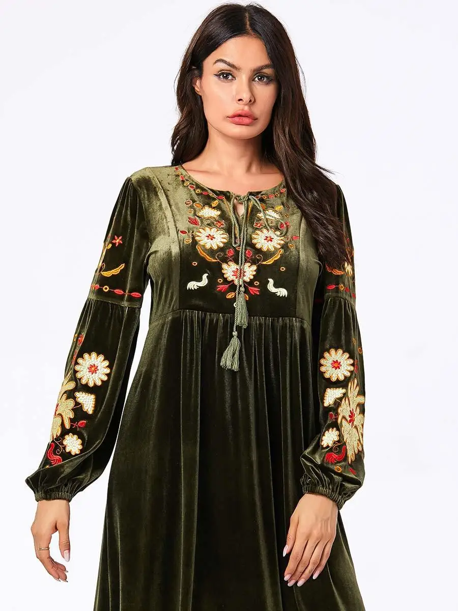 Модное женское бархатное теплое мусульманское платье abaya длинное платье с вышивкой исламские Макси-платья Дубай jilбаб с круглым вырезом платье одежда