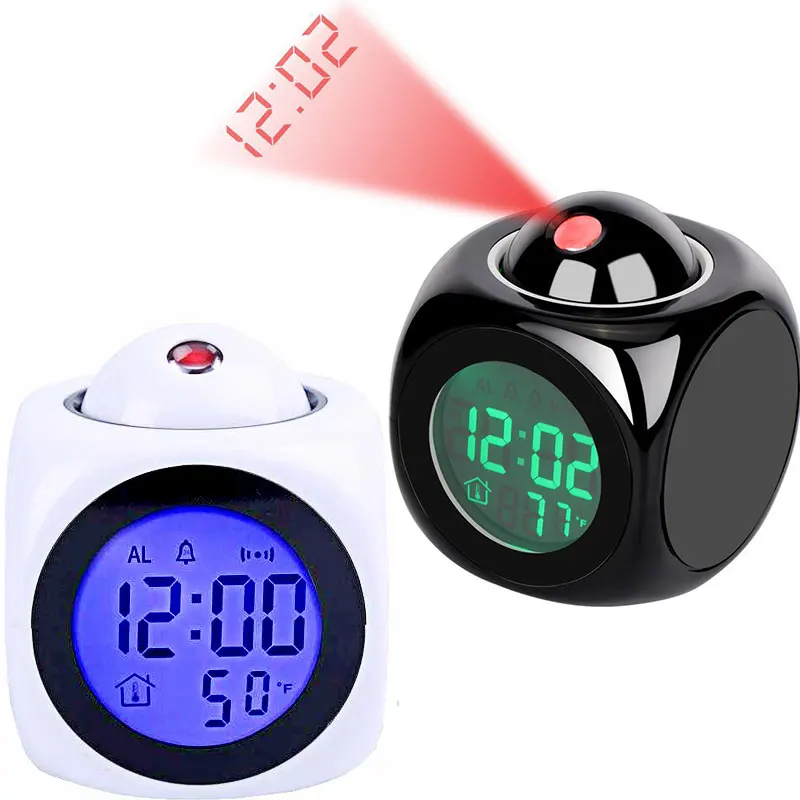 Multifunctionele Led Projectie Wekker Engels Voice Tijd Rapport Temperatuur Display 2 Set Van Wekker Instellen Usb Lading