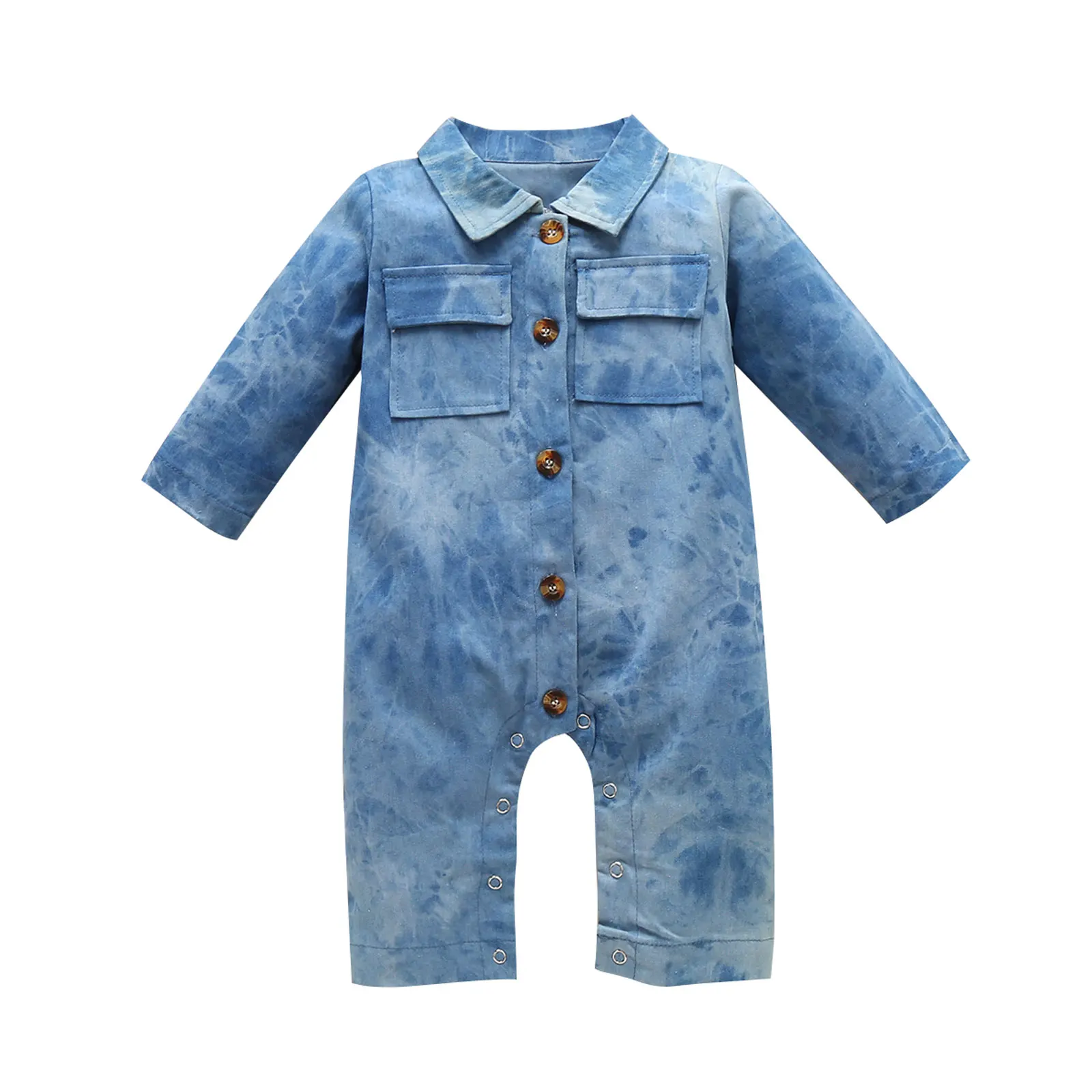 

2020 New Fall Autumn 0-24M Toddler Baby Boy Girl Denim Single Breasted Pockets Lapel Romper Long Sleeve Infant Outfit Clothes