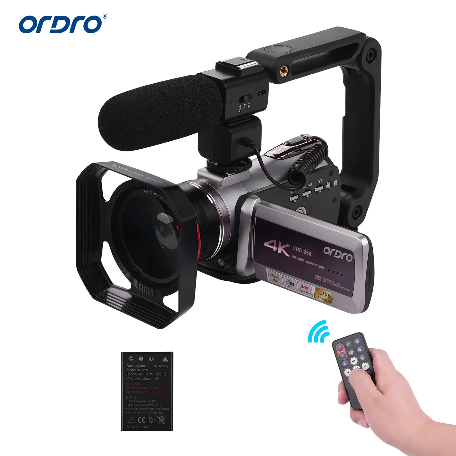 ORDRO WiFi цифровая видеокамера 4K UHD 30FPS видеокамера 3," ips 64X IR ночное видение широкоугольный объектив внешний стерео микрофон