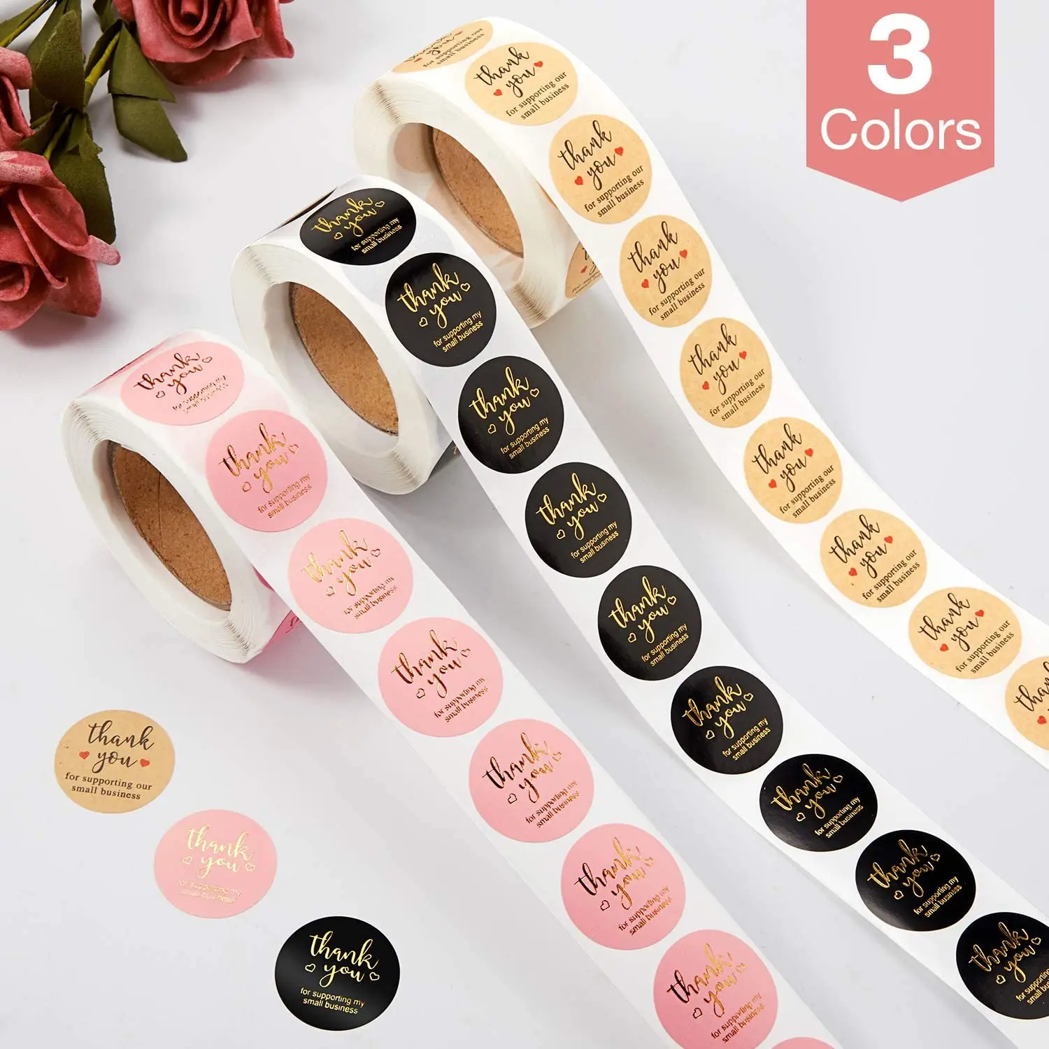 Thank You Stickers Labels Seals Thank You for Supporting My Small Business Stickers Roll Round Kraft Pink Black Labels For Shop