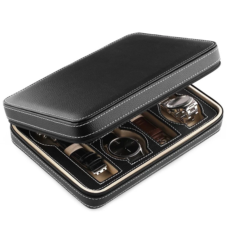 Black Faux Leather Watch Display Storage Box Watched Case 2/4/8 Grids Tray Zippered Travel Watch Collector Case