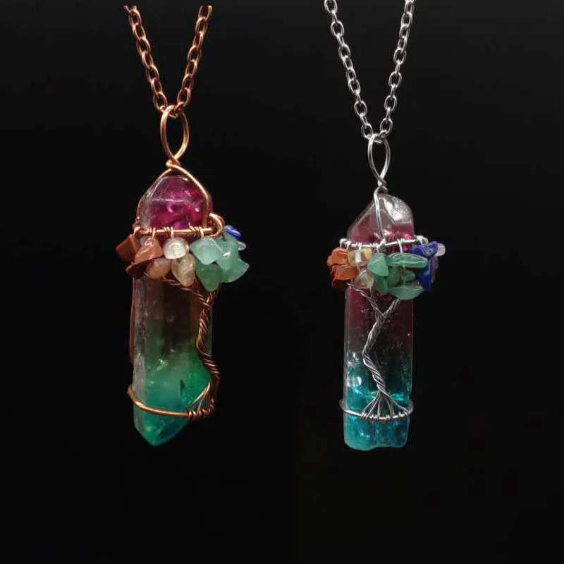 Неровная натуральная каменная крошка Reiki Chakra ожерелья Древо жизни Wire Wrap Большие