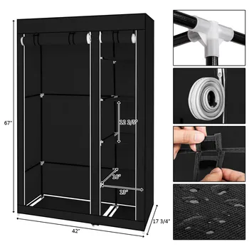 

67" Portable Closet Modern Non-woven Cloth Wardrobe Black Storage Cabinet Folding Steel Individual Closet Bedroom Furniture