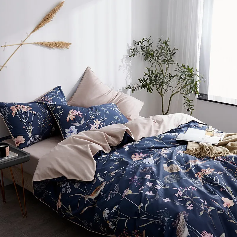 Blue queen size Egyptian cotton bedding set Satin floral print bedclothes pastoral home texitle bed linen