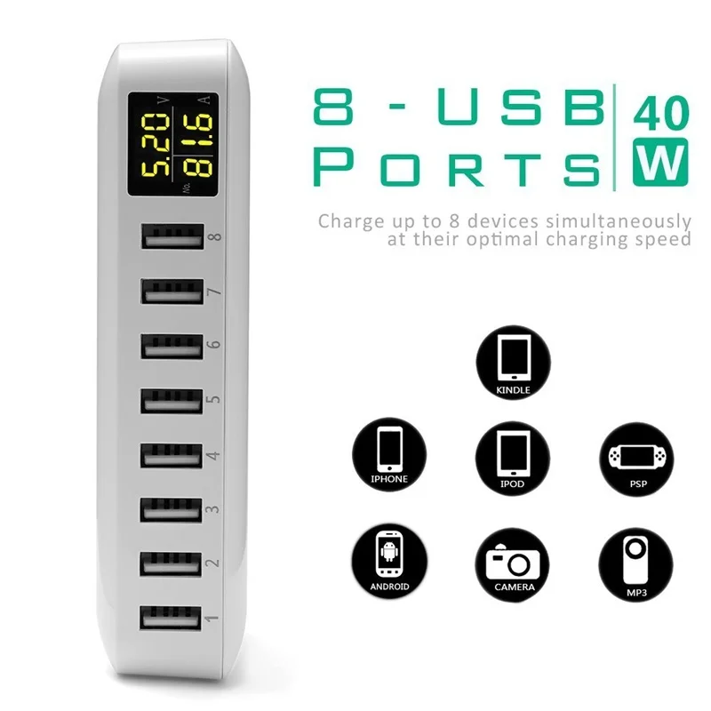 8 портов USB зарядное устройство 5V8A светодиодный дисплей в режиме реального времени Зарядка для iPhone iPad Mini samsung huawei Pixel DV AC адаптер питания быстрое зарядное устройство